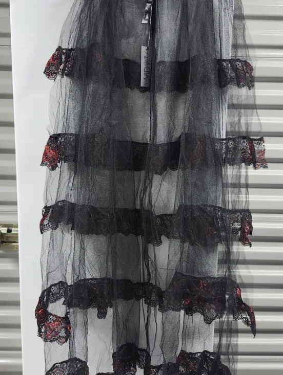 Widow Dolls Kill Black Sheer Tiered Bustle Skirt with Red Floral Lace Trim - Picture 3 of 5